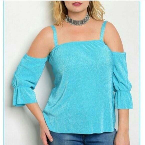 Teal Cold Shoulder Plus Size Blouse - Picture 2 of 3